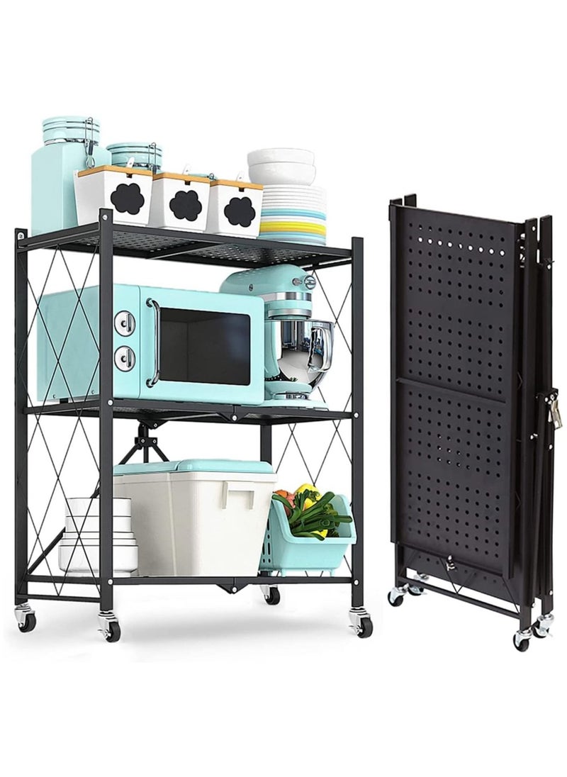 co arma - Space Saving 3-Tier Folding Storage Shelf Cart With Wheels Black - Image 1