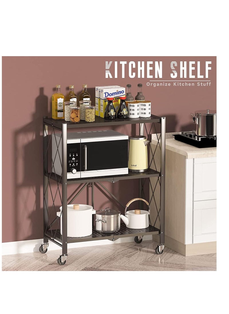 co arma - Space Saving 3-Tier Folding Storage Shelf Cart With Wheels Black - Image 1