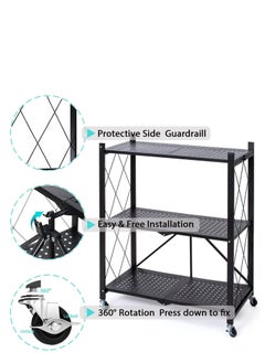co arma Space Saving 3-Tier Folding Storage Shelf Cart With Wheels Black  - Image 2