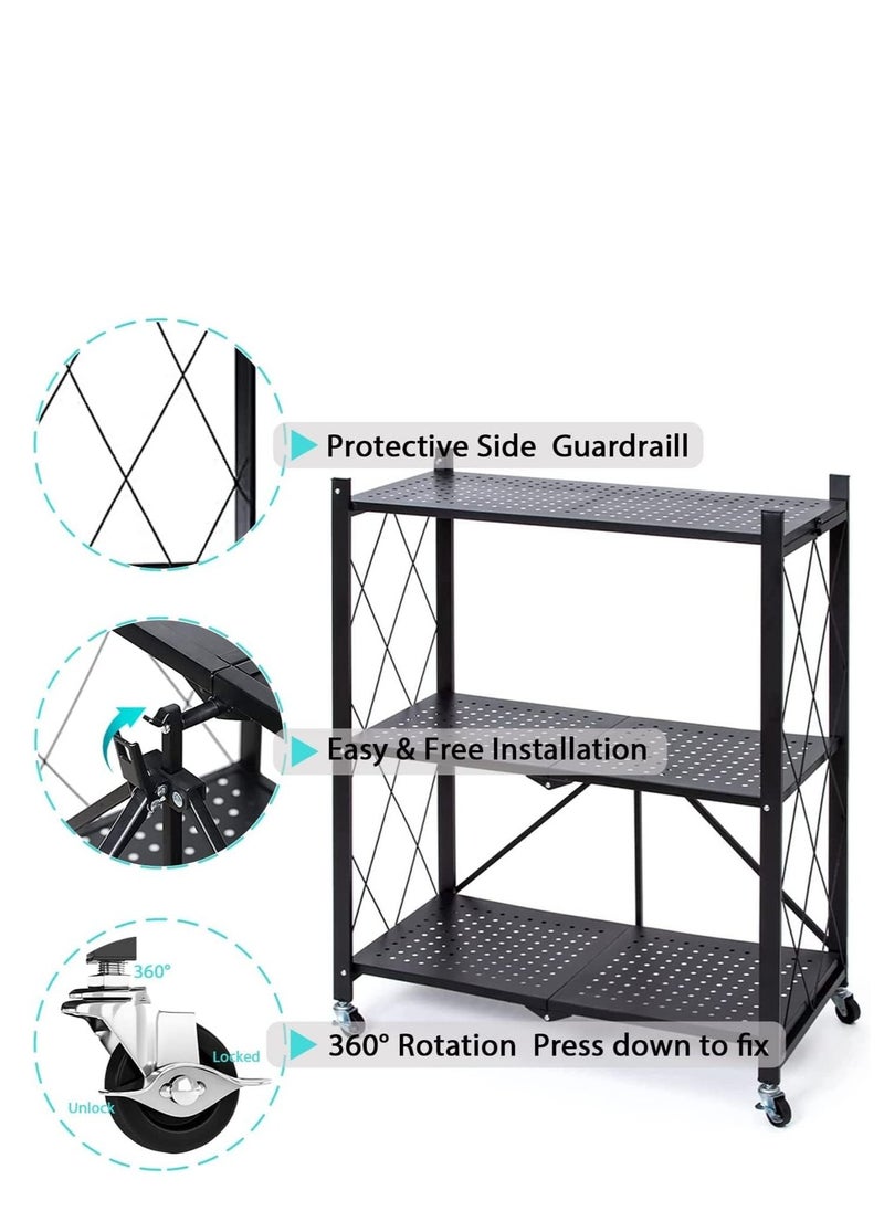 co arma - Space Saving 3-Tier Folding Storage Shelf Cart With Wheels Black - Image 1