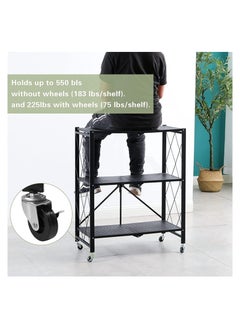 co arma Space Saving 3-Tier Folding Storage Shelf Cart With Wheels Black  - Image 3