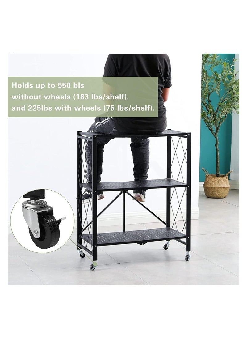 co arma - Space Saving 3-Tier Folding Storage Shelf Cart With Wheels Black - Image 1