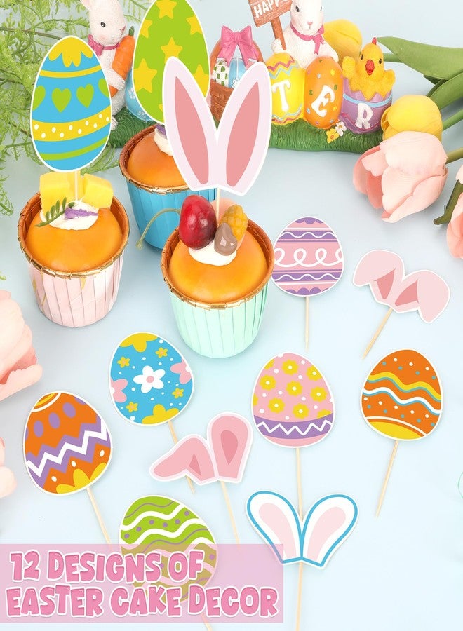 QZYL 36pcs Easter Cupcake Toppers, 12 Kinds Easter Cake Topper Decorations, Paper Colorful Easter Eggs Bunny Ears Cake Topper Decor, Single Sided Printing Spring Party Desserts Cupcake Topper Decoration - Image 3