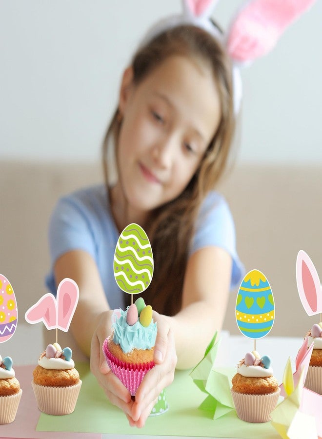 QZYL 36pcs Easter Cupcake Toppers, 12 Kinds Easter Cake Topper Decorations, Paper Colorful Easter Eggs Bunny Ears Cake Topper Decor, Single Sided Printing Spring Party Desserts Cupcake Topper Decoration - Image 5