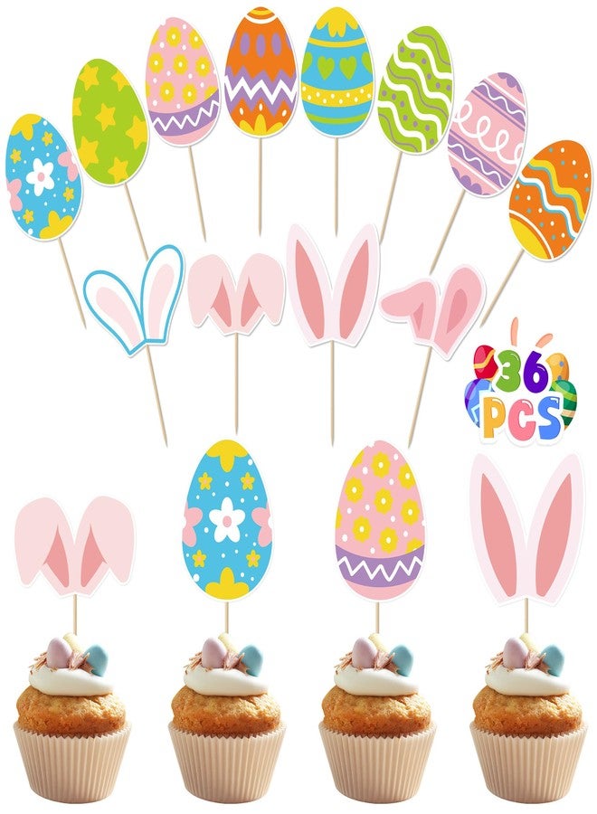 QZYL 36pcs Easter Cupcake Toppers, 12 Kinds Easter Cake Topper Decorations, Paper Colorful Easter Eggs Bunny Ears Cake Topper Decor, Single Sided Printing Spring Party Desserts Cupcake Topper Decoration - Image 1