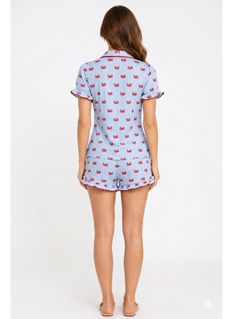 Caesar Women's two-piece pajama set with a collar and bows on the front - Image 3