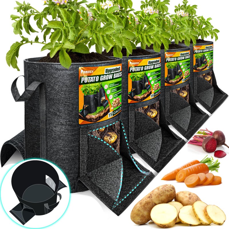 PAMAZY [Upgraded] 4Pcs 15 Gallon Potato Grow Bags with Unique Harvest Window & Visible Window, Non-Woven Planter Pot with Sturdy Handle, Potato Growing Container, Plant Garden Bags to Grow Vegetables, Tomato - Image 1