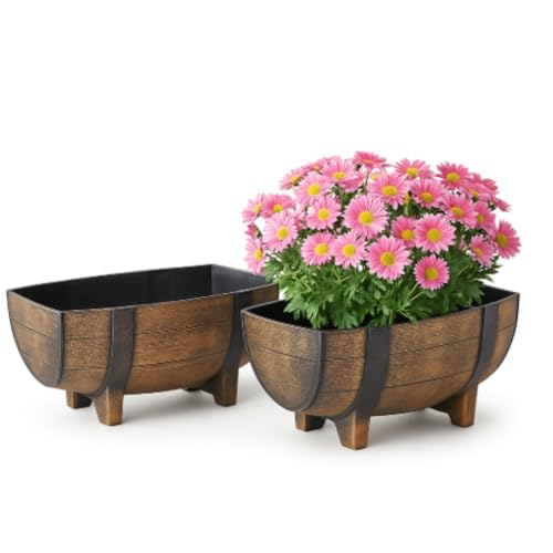 The Lakeside Collection Rustic Half Barrel Planters  Set of 2 Faux Wood Outdoor Flower Pots with Drainage Hole  Feet WeatherResistant Polypropylene Garden Containers 1625 x 75 x 1175