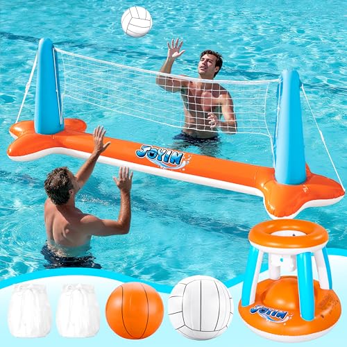 JOYIN مجموعة طفو بركة قابلة للنفخ JOYIN XL 125 شبكة كرة الطائرة حلقات كرة السلة لعبة سباحة عائمة كبيرة للأطفال والبالغين صيفية بركة كرة الطائرة ملعب كرة السلة XL برتقالي - Image 1