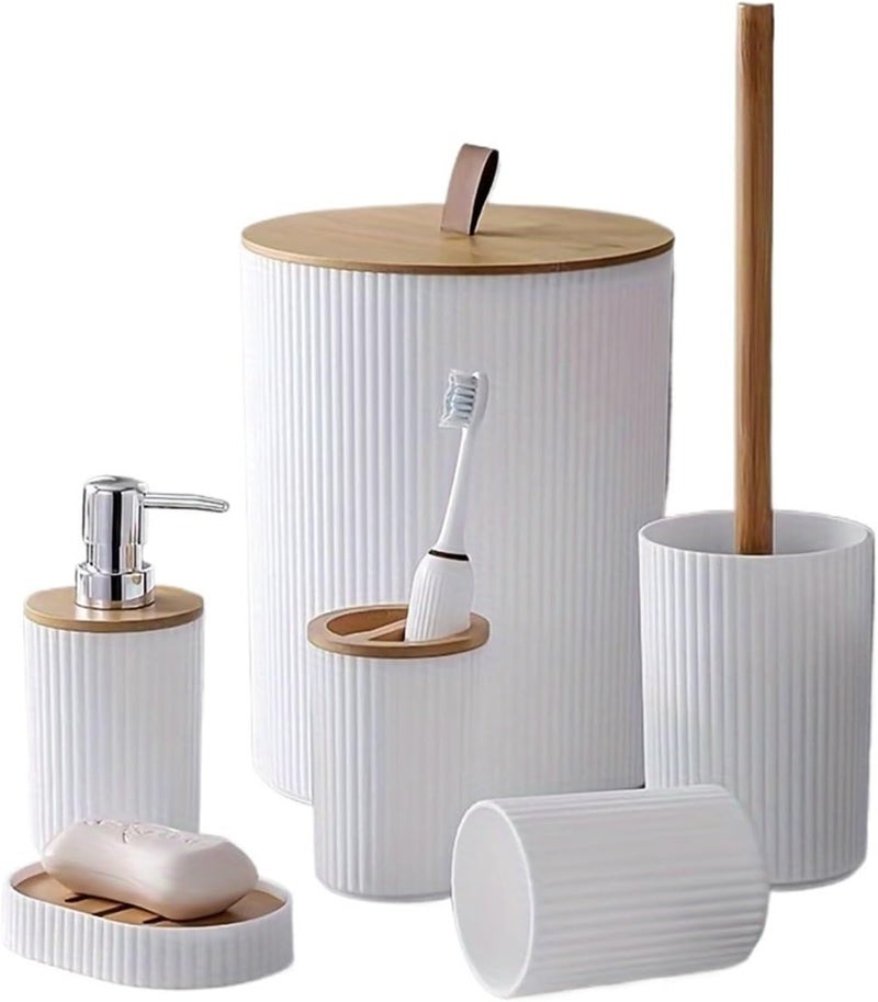 Soap Dispenser Set Set 6 Pieces Soap Dispenser Box Toilet Brush Lotion Bottle Trash Can Plastic Bathroom Storage Set Toothbrush Cup Holder(White) - Image 1