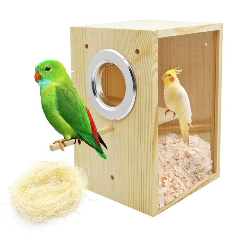 MUYG Vertical Parakeet Nesting Box,Transparent Bird Nesting Box Natural Wood Parakeet House for Cage Clear Acrylic Budgie Breeding Nest for Lovebird,Cockatiel,Parrot,Budgie,Conure,Finch - Image 1