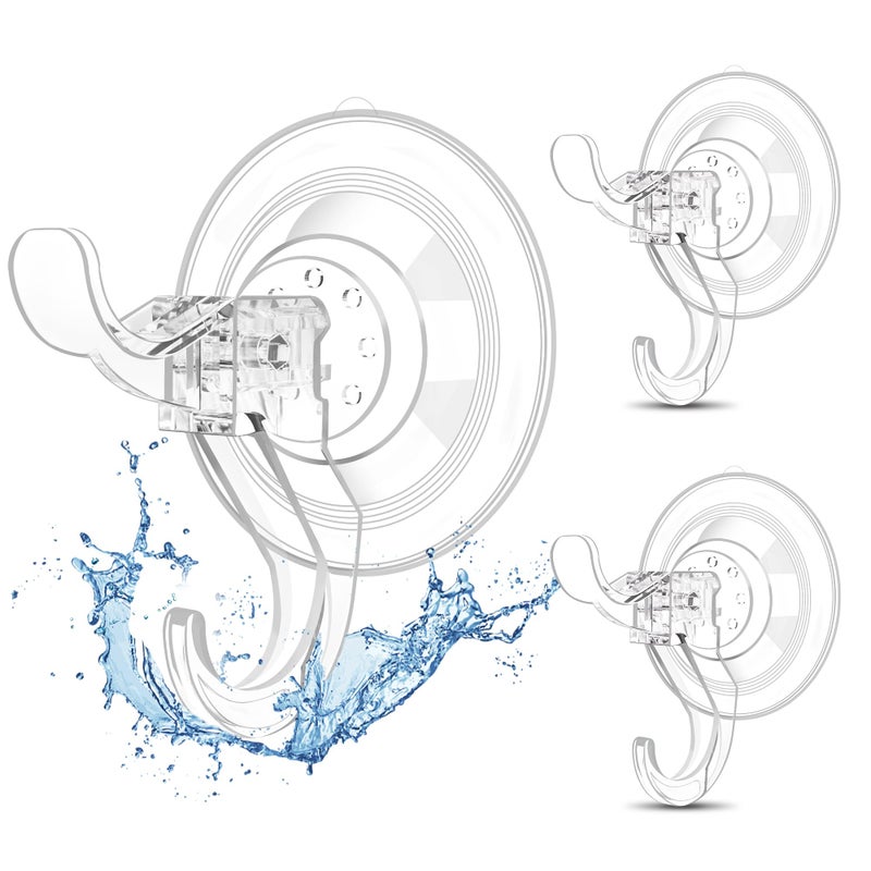 Goabroa Suction Cup Hooks for Shower 3 Pcs Clear 11 lbs Heavy Duty Shower Hangers Waterproof Removable Reusable Window Suction Cups with Hooks for Bathroom Kitchen Glass