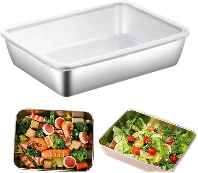 STAINLESS STEEL RECTANGLE FOOD STORAGE BOX CONTAINER LEAK PLASTIC LID DISHWASHER SAFE PLASTIC FREE CLEAR LID VEGETABLE PLATE WITH LID