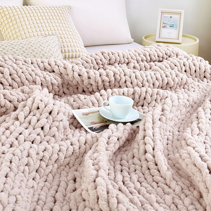 Admitrack Chunky Knit Blanket Throw, 100% Hand Knit Chenille Throw Blanket for Sofa & Home Decor, Soft and Cozy Knitted Throw Blankets (Pinkï¼Œ51"x63") - Image 1