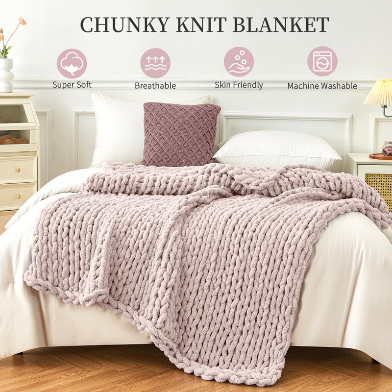 Admitrack Chunky Knit Blanket Throw, 100% Hand Knit Chenille Throw Blanket for Sofa & Home Decor, Soft and Cozy Knitted Throw Blankets (Pinkï¼Œ51"x63") - Image 5