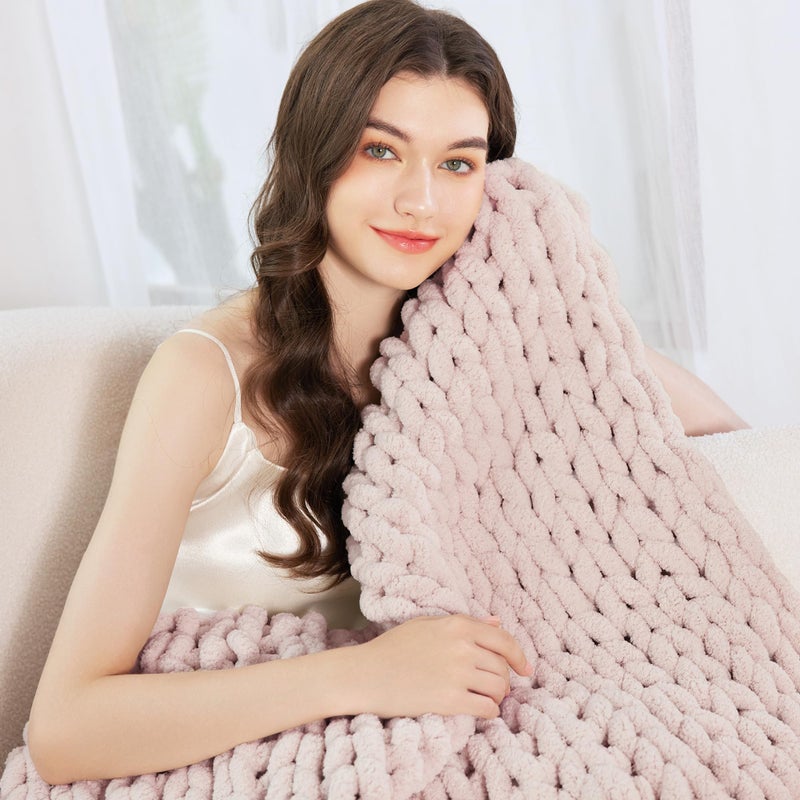 Admitrack Chunky Knit Blanket Throw, 100% Hand Knit Chenille Throw Blanket for Sofa & Home Decor, Soft and Cozy Knitted Throw Blankets (Pinkï¼Œ51"x63") - Image 4