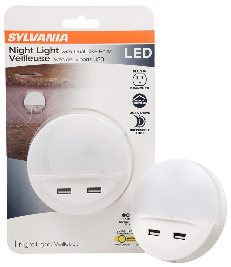 LEDVANCE SYLVANIA LED Night Light with Dual USB Ports, 22 Year, Dusk to Dawn, Frosted Finish, 3000K, Warm White - (pack of 1)(65005) - Image 1