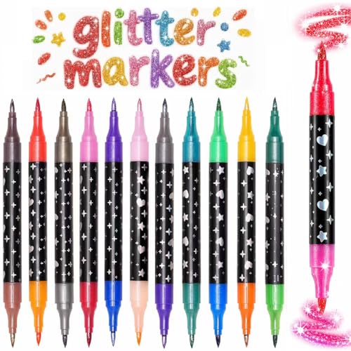 IOMDRWU Glitter Markers,12 Pack 24 Colors Dual Tip Brush Glitter Marker for Doodle Writing,Glitter Paint Pens for Art Crafts DIY Greeting Birthday Card Making,Coloring, DIY Scrapbooking Supplies - Image 1