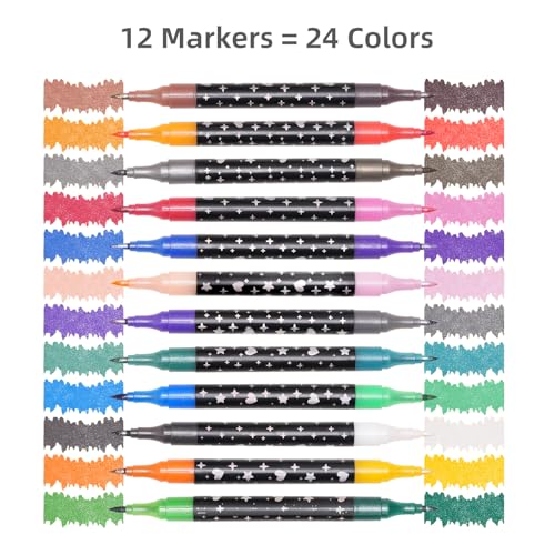 IOMDRWU Glitter Markers,12 Pack 24 Colors Dual Tip Brush Glitter Marker for Doodle Writing,Glitter Paint Pens for Art Crafts DIY Greeting Birthday Card Making,Coloring, DIY Scrapbooking Supplies - Image 2