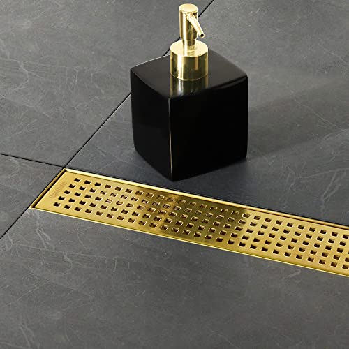 Neodrain 24Inch Brushed Brass Linear Shower Drain with Removable Quadrato Pattern GrateProfessional 304 Stainless Steel Gold Rectangle Shower Floor Drain ManufacturerLinear Drainwith Hair Strainer