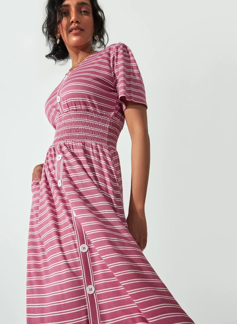 ذا ليبل لايف Striped Smocked Waist Button-Down Midi Dress