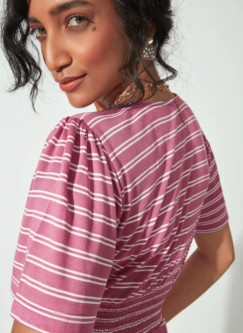 ذا ليبل لايف Striped Smocked Waist Button-Down Midi Dress