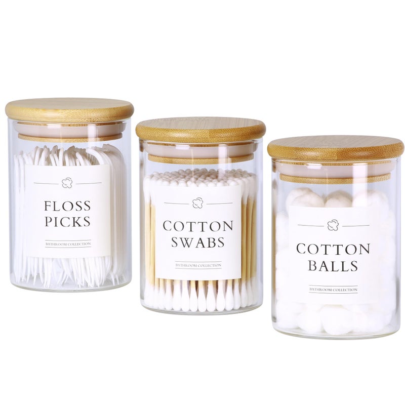 INIUNIK 3 Pack Qtip Holder Dispenser - Glass Apothecary Jars with Lids, Cotton Ball Pad Swab Round Holder, Bamboo Bathroom Accessories, Bathroom Organizers Containers Jars Canisters with Lids - Image 1
