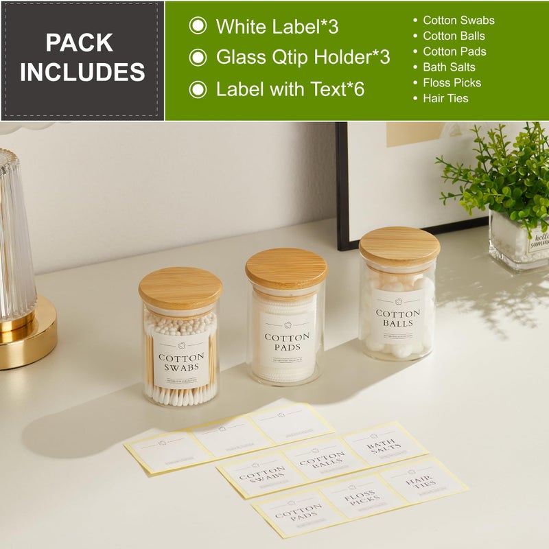 INIUNIK 3 Pack Qtip Holder Dispenser - Glass Apothecary Jars with Lids, Cotton Ball Pad Swab Round Holder, Bamboo Bathroom Accessories, Bathroom Organizers Containers Jars Canisters with Lids - Image 2