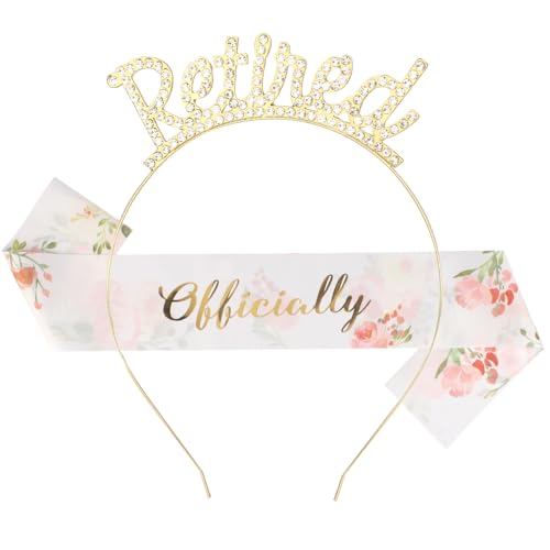 AOPRIE Retired Headband Gold Crwon Tiara for Men Women with Flower Sash for Retirement Work Party Events Party Supplies Gifts Favors Decorations - Image 1