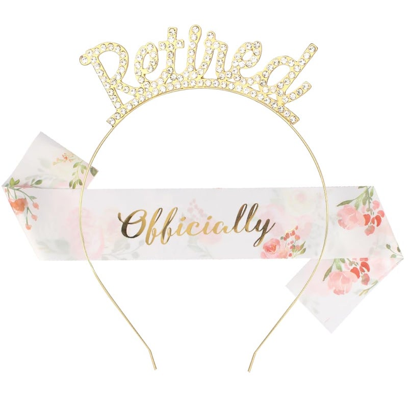 AOPRIE Retired Headband Gold Crwon Tiara for Men Women with Flower Sash for Retirement Work Party Events Party Supplies Gifts Favors Decorations - Image 2