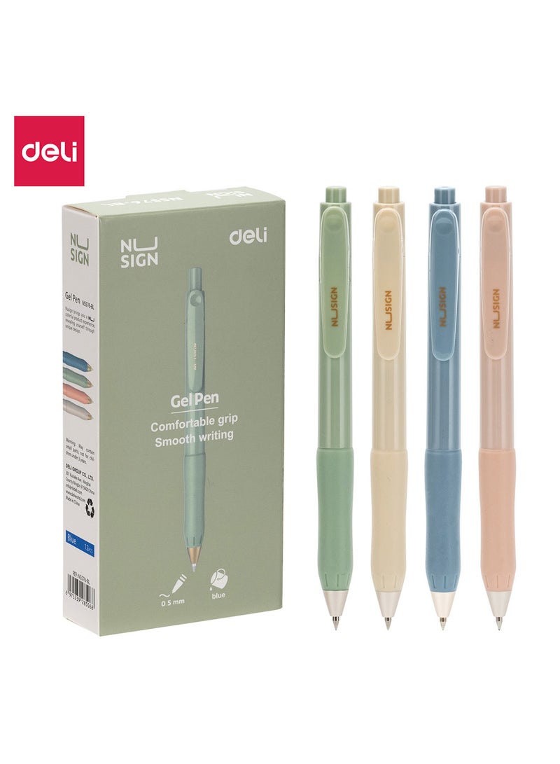 Deli Nusign Blue Gel Pen 0.5mm, Retractable Gel Pen, Comfortable Grip for Using Experience, Pack of 12 Pens