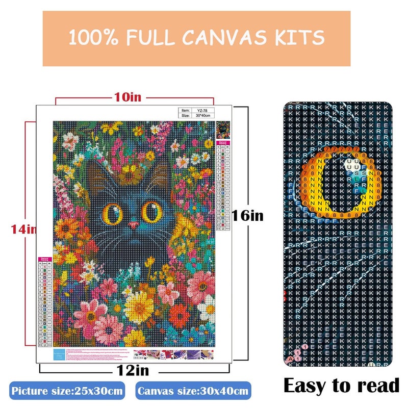 Eterkosu Black Cat Diamond Art Kits for Adults, Flowers Diamond Painting Kits for Adults for Beginners DIY Diamond Dots Art Kits, 5D Full Round Drill Gem Art Painting Kits for Home Wall Decor - Image 2
