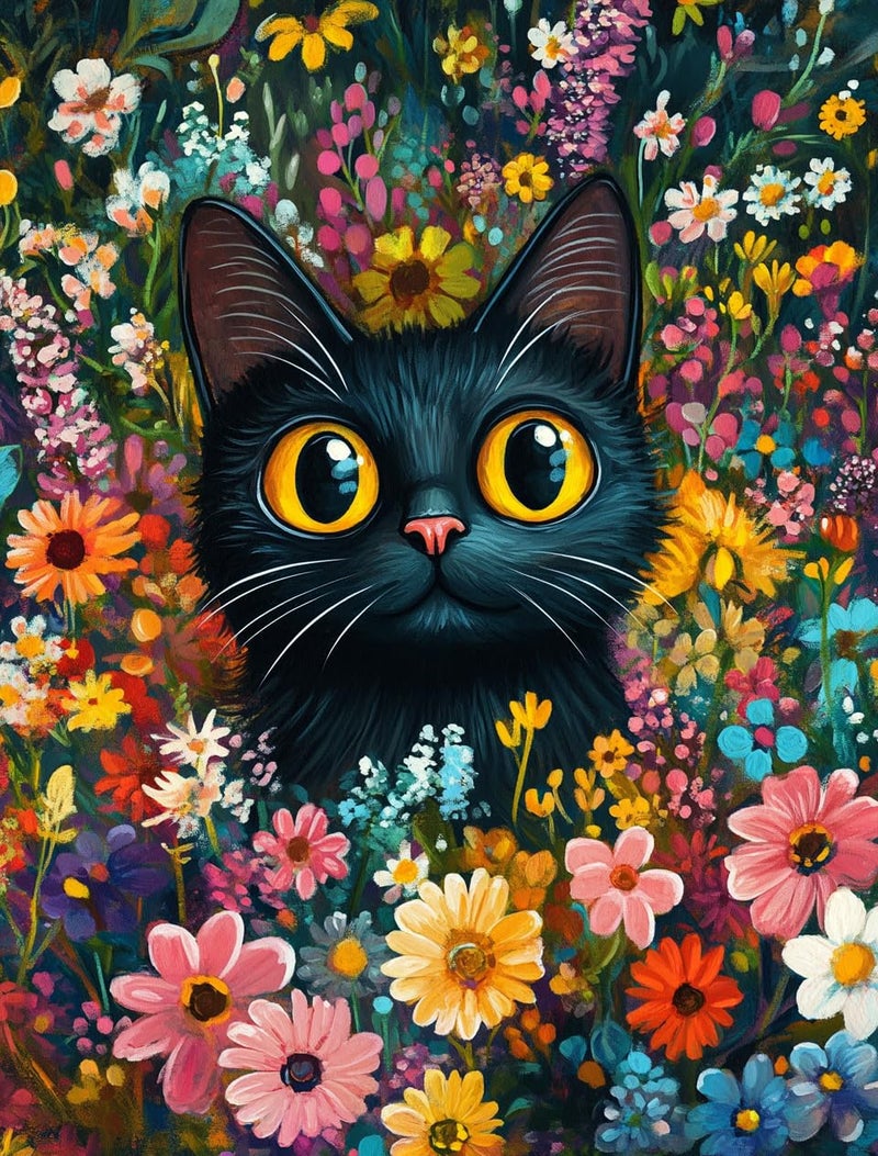 Eterkosu Black Cat Diamond Art Kits for Adults, Flowers Diamond Painting Kits for Adults for Beginners DIY Diamond Dots Art Kits, 5D Full Round Drill Gem Art Painting Kits for Home Wall Decor - Image 1