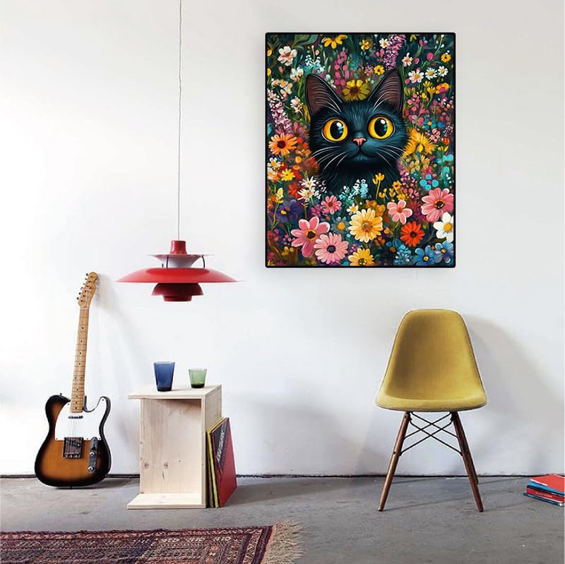 Eterkosu Black Cat Diamond Art Kits for Adults, Flowers Diamond Painting Kits for Adults for Beginners DIY Diamond Dots Art Kits, 5D Full Round Drill Gem Art Painting Kits for Home Wall Decor - Image 5