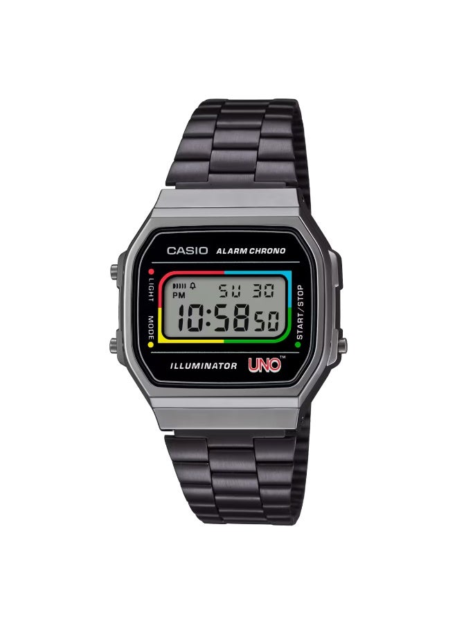 Casio Vintage Digital A168WEUC-1ADR Black with UNO Motif Dial Stainless Steel Unisex Watch - Image 1