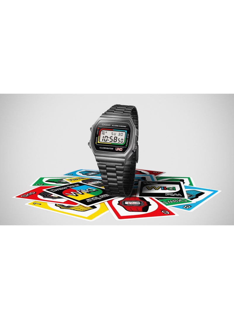 Casio Vintage Digital A168WEUC-1ADR Black with UNO Motif Dial Stainless Steel Unisex Watch - Image 3