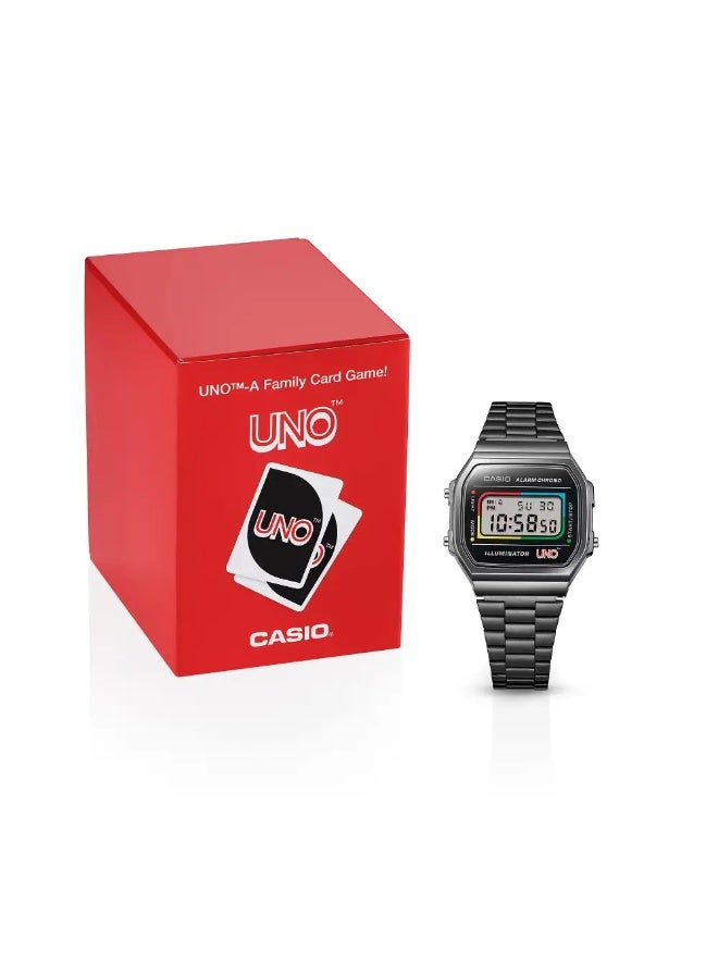 Casio Vintage Digital A168WEUC-1ADR Black with UNO Motif Dial Stainless Steel Unisex Watch - Image 4