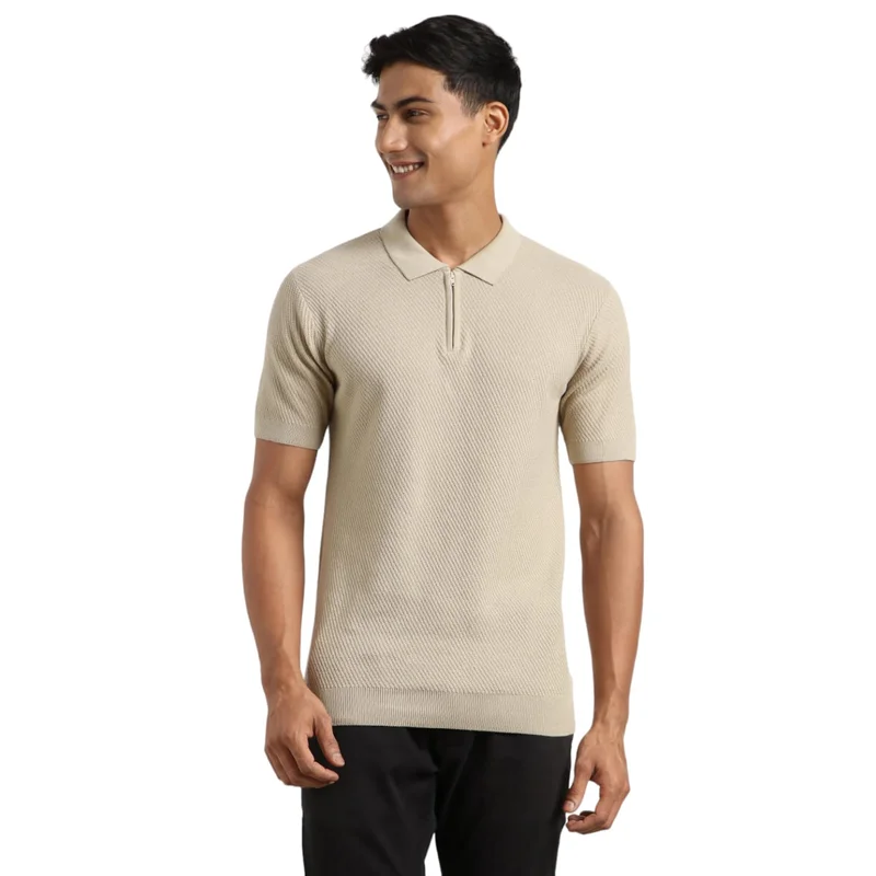 NOBERO NOBERO Men's Textured Polo Shirt - Beige, Regular Fit