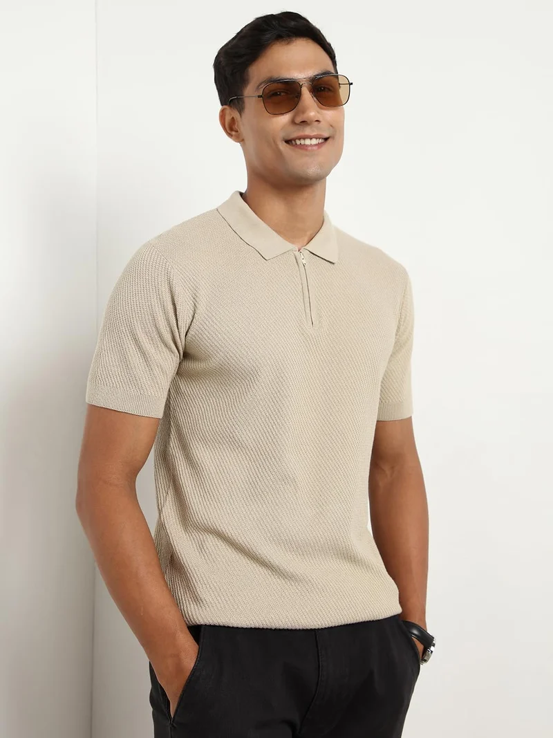 NOBERO NOBERO Men's Textured Polo Shirt - Beige, Regular Fit