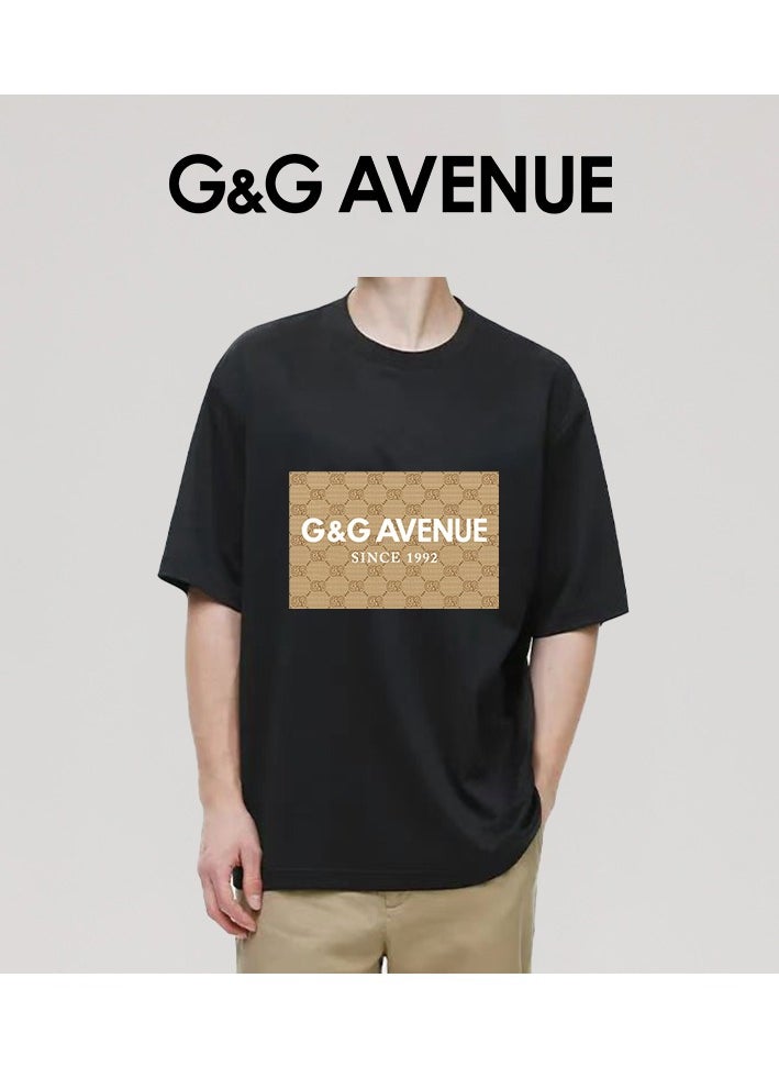 G&G AVENUE - Men's loose round neck T-shirt, pure cotton thick and high-quality, 1/2 sleeve shirt slim fit new trend black Heavy cotton fabric - Image 1