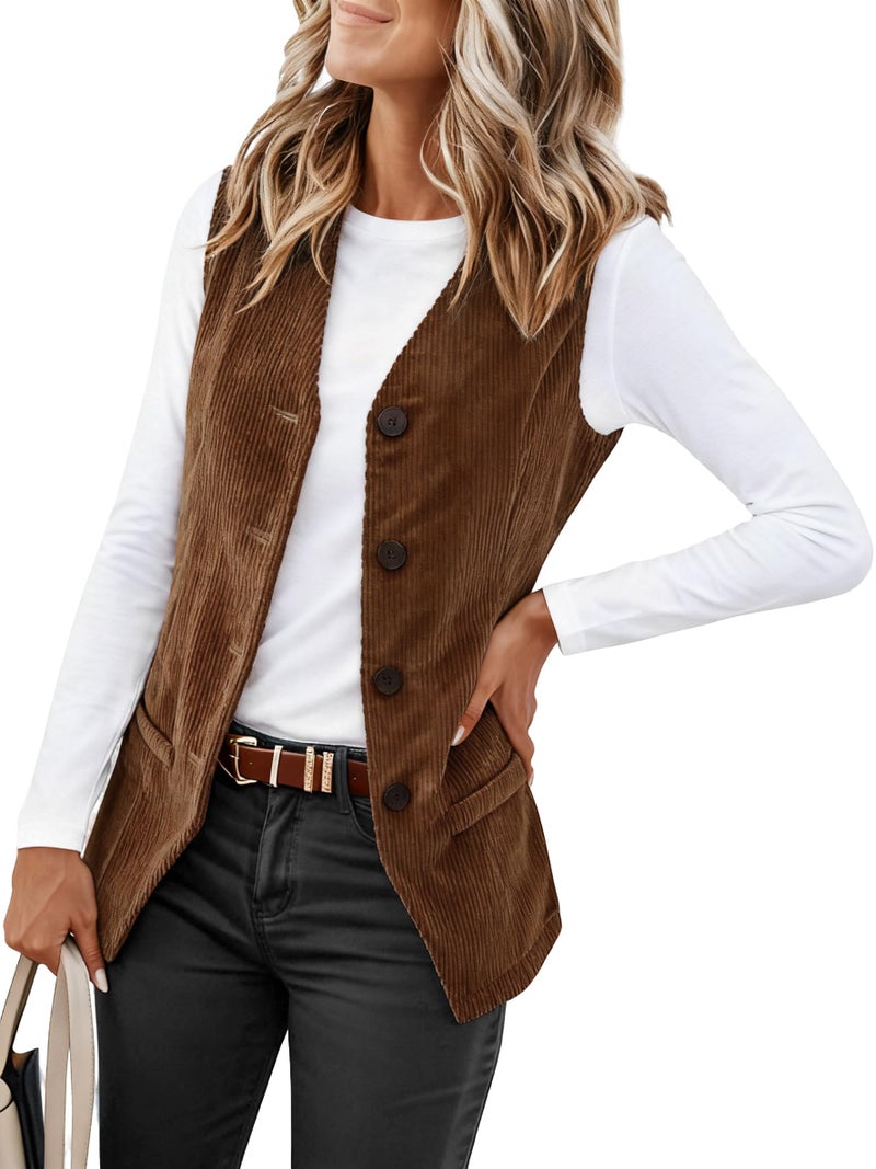 IDEALSANXUN Corduroy Vest Women 2025 Chocolate Brown Fall Clothes Business Casual Work Sleeveless Blazer Vest Tops Corduroy Jackets, Brown, L - Image 1