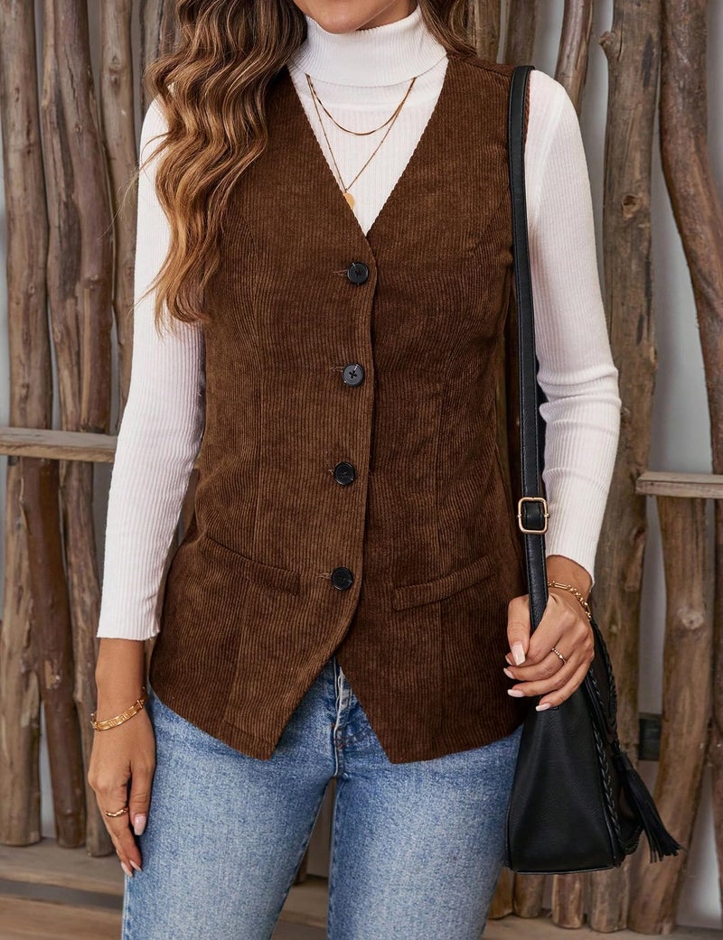 IDEALSANXUN Corduroy Vest Women 2025 Chocolate Brown Fall Clothes Business Casual Work Sleeveless Blazer Vest Tops Corduroy Jackets, Brown, L - Image 3
