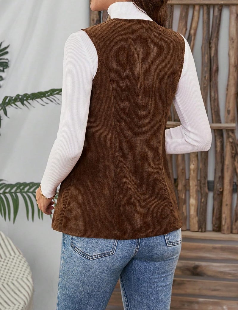 IDEALSANXUN Corduroy Vest Women 2025 Chocolate Brown Fall Clothes Business Casual Work Sleeveless Blazer Vest Tops Corduroy Jackets, Brown, L - Image 5
