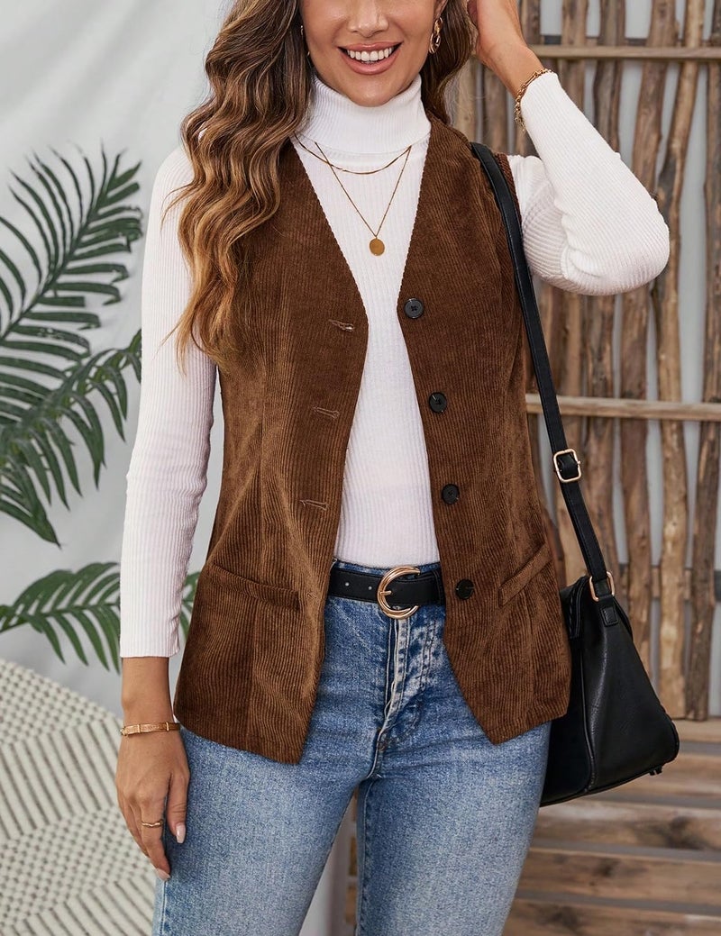 IDEALSANXUN Corduroy Vest Women 2025 Chocolate Brown Fall Clothes Business Casual Work Sleeveless Blazer Vest Tops Corduroy Jackets, Brown, L - Image 2