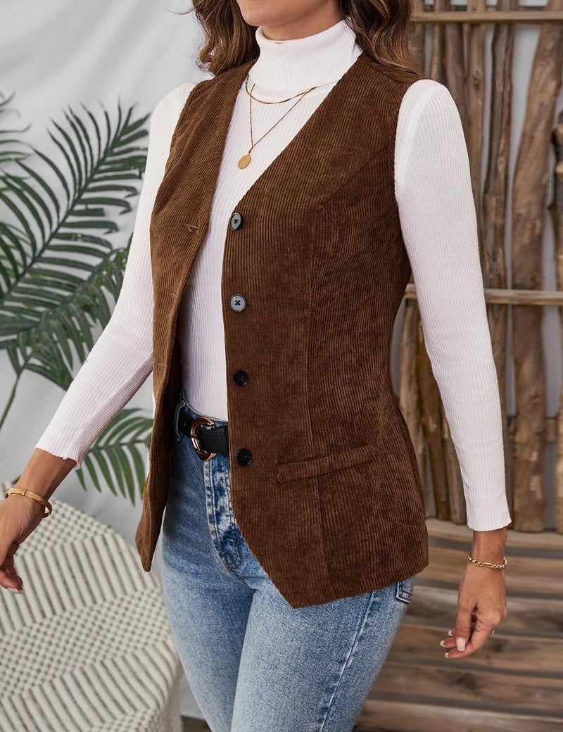 IDEALSANXUN Corduroy Vest Women 2025 Chocolate Brown Fall Clothes Business Casual Work Sleeveless Blazer Vest Tops Corduroy Jackets, Brown, L - Image 4
