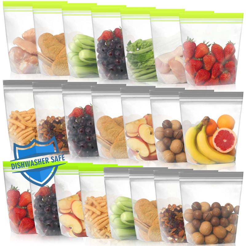 Lerine 22 Pack Reusable Sandwich Bags Dishwasher Microwave Safe, BPA Free Stand Up Reusable Food Storag Bags, Extra Thick Leakproof Reusable Quart Freezer Bags for Cereal, Lunch, Vegetables, Fruits - Image 1