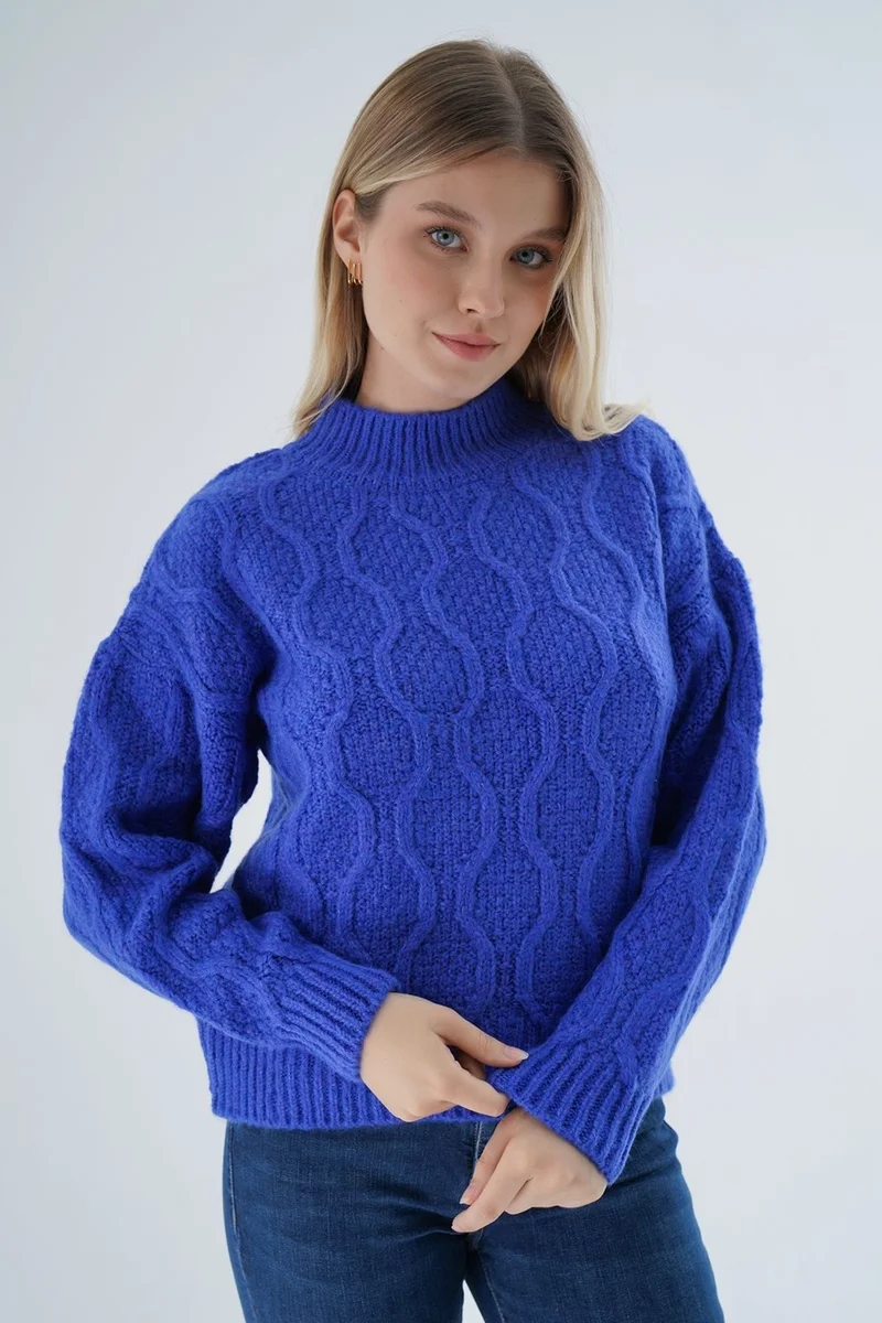 Trist Star Women's Saks Oversize Half Turtleneck Walk Honeycomb Knitting Wool Special Yarn Knitwear Knitted Sweater