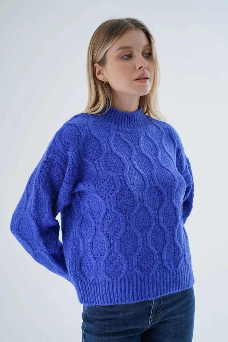 Trist Star Women's Saks Oversize Half Turtleneck Walk Honeycomb Knitting Wool Special Yarn Knitwear Knitted Sweater