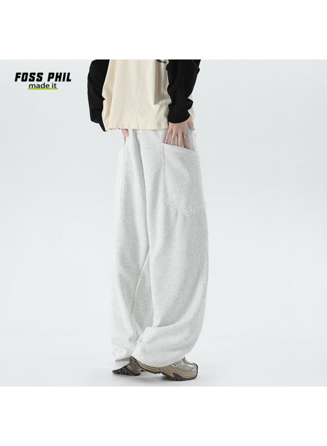 Foss Phil Men's Casual Autumn Winter Draped Loose Patchwork Straight Wide-leg Pants M1923 White Flower Gray L - Image 5