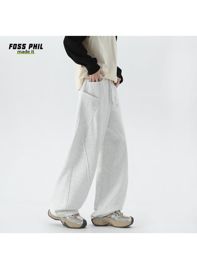 Foss Phil Men's Casual Autumn Winter Draped Loose Patchwork Straight Wide-leg Pants M1923 White Flower Gray L - Image 4